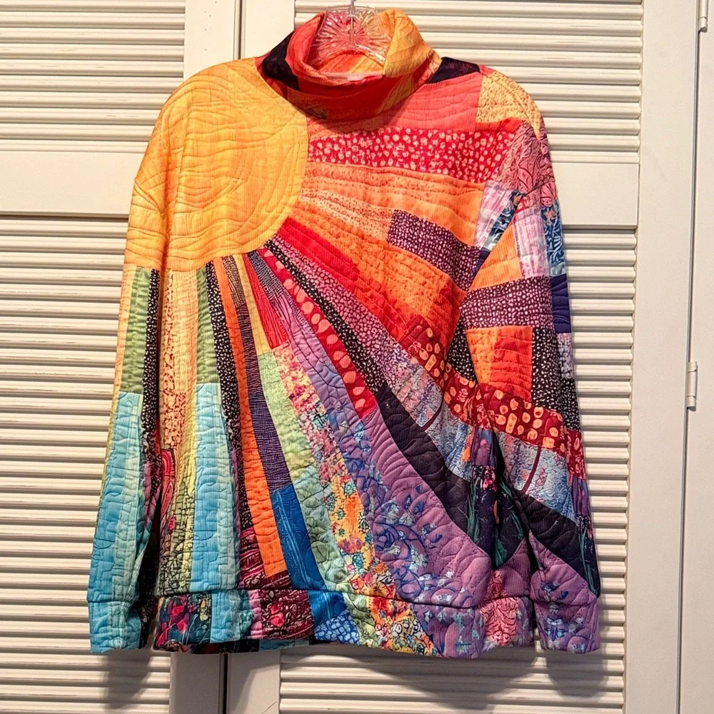 Boho Colorful Print High Neck Top ☀️ - Picture 2 of 6